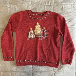 VTG Women's S/M ? Christmas Sweater Button Embroidered Tree Buttons Y2K Cottage